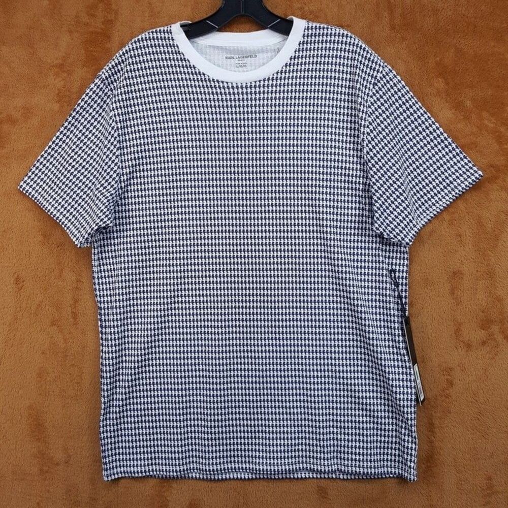 Karl Lagerfeld Shirt Mens Large Blue White Houndstooth Pullover Crew T-Shirt Tee